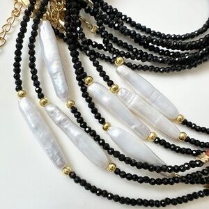 Freshwater Baroque Pearl with Black Faceted Jet Crystal Beads Necklace #K8